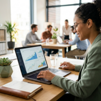 Business growth results with upward analytics graph on digital marketing dashboard
