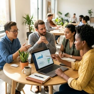Digital marketing team collaborating in office for business growth in Chennai