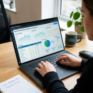 SEO search ranking and analytics dashboard on laptop for digital marketing
